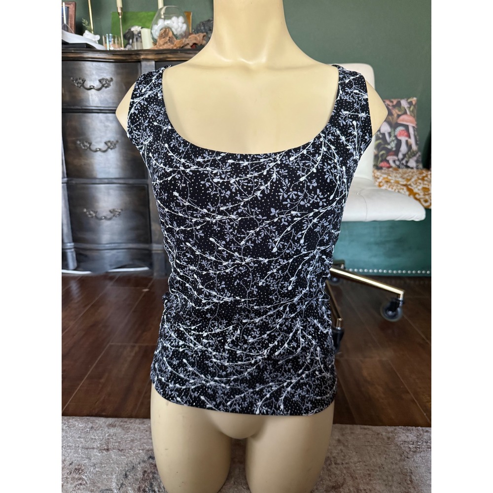 Alex Evenings Womens XL Black White Glitter Vine Print Scoop Neck Sleeveless Top